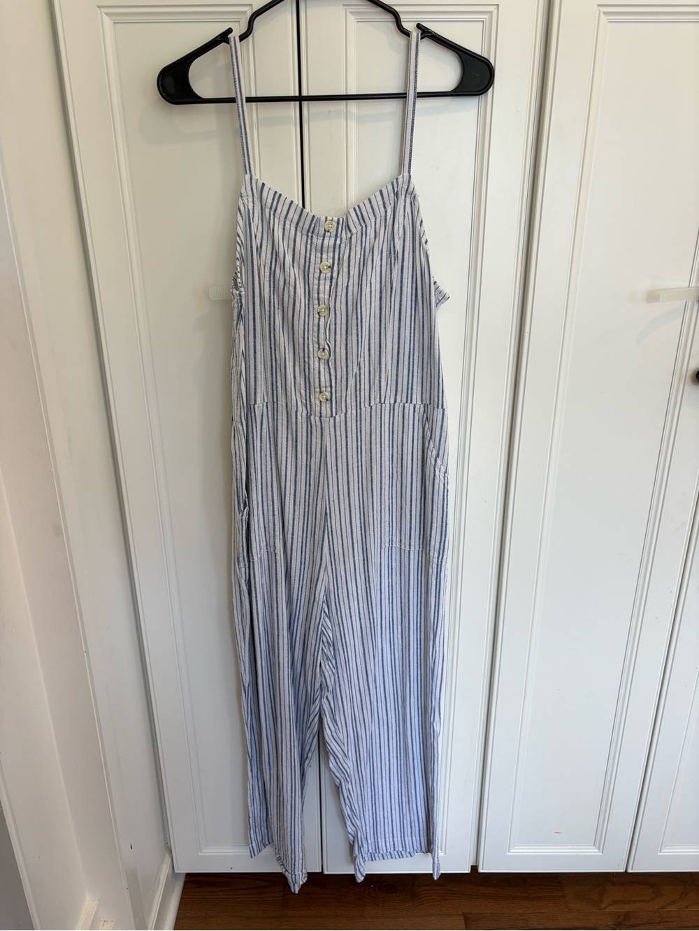 Old Navy Blue and White Striped Spaghetti-Strap Jumpsuit